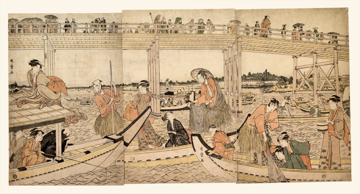 Barche da pesca con le reti sotto il ponte di Ryōgoku da Kitagawa Utamaro