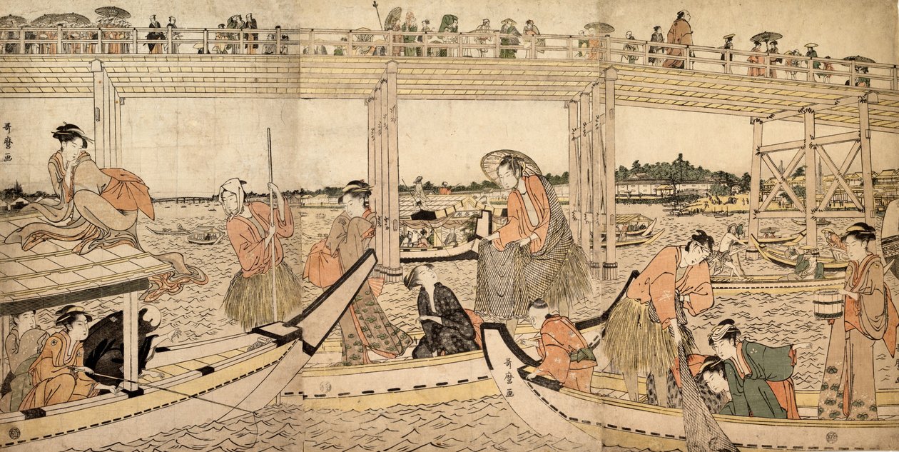 Barche da pesca con reti sotto il ponte di Ryogoku da Kitagawa Utamaro