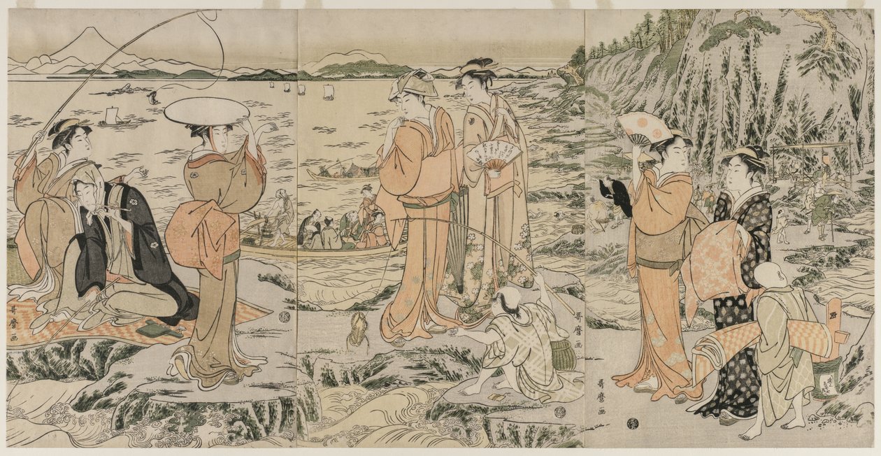 Pesca sulla roccia del tagliere a Enoshima da Kitagawa Utamaro