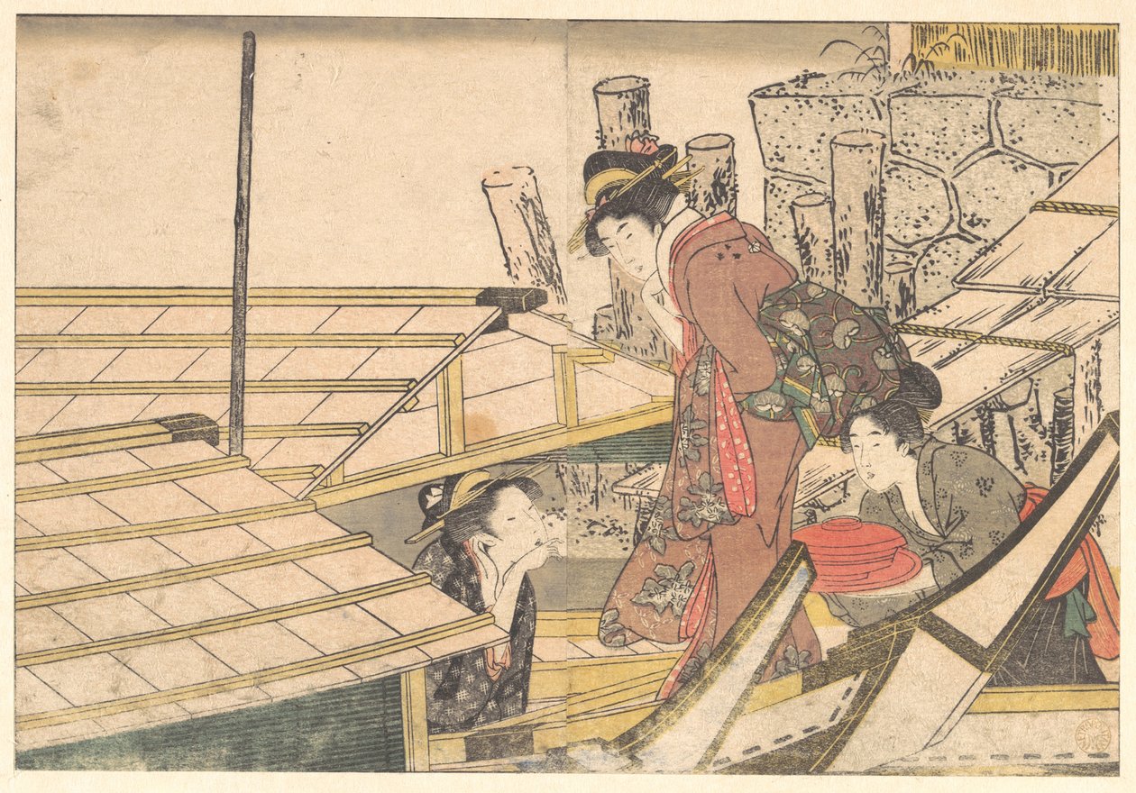 Ragazze che salgono a bordo di una barca, dal libro illustrato *I fiori delle quattro stagioni* da Kitagawa Utamaro