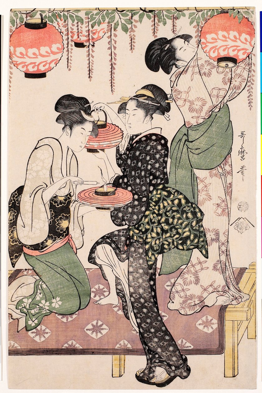 Ragazze di una casa da tè giapponese che appendono lanterne a un graticcio di glicine da Kitagawa Utamaro