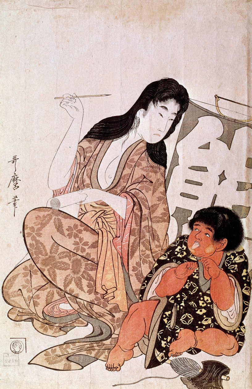 Kintaro e Yamauba che calligrafano, serie: Yamauba e Kintaro. Stampa giapponese di Utamaro Kitagawa (1753-1806). 1790-1806. Parigi, Museo Guimet, Museo Nazionale delle Arti Asiatiche da Kitagawa Utamaro