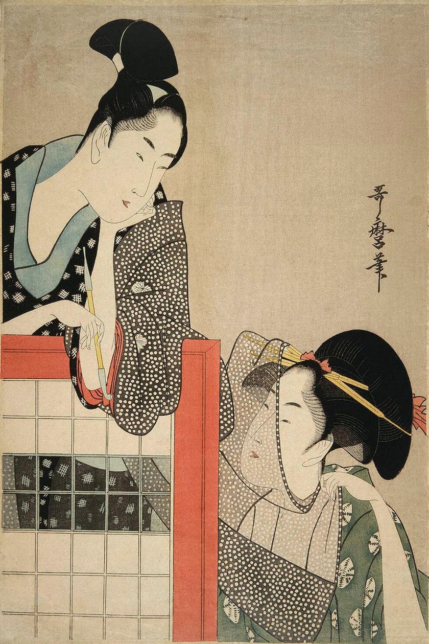 Signora e gentiluomo accanto a uno schermo da Kitagawa Utamaro