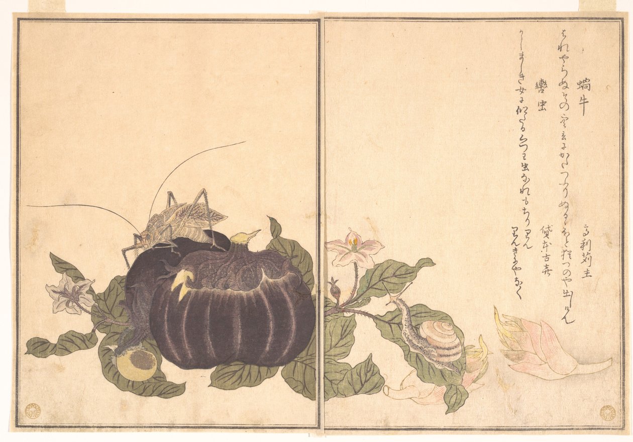 Chiocciola terrestre (Katatsumuri); grande tettigonide (Kutsuwamushi), dal libro illustrato delle creature striscianti (Ehon mushi erami) da Kitagawa Utamaro