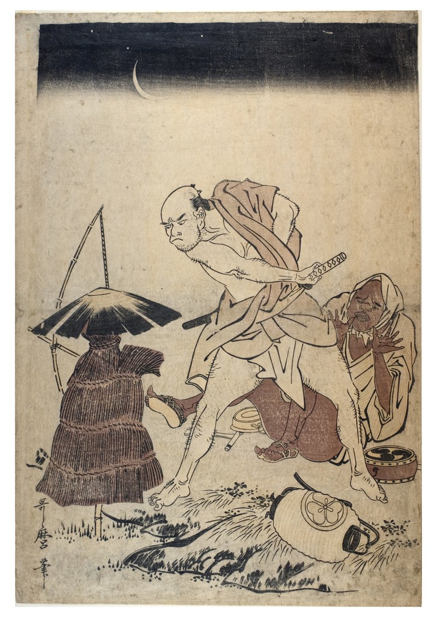 Un uomo minaccia uno spaventapasseri in una notte buia, c.1758-1806 da Kitagawa Utamaro