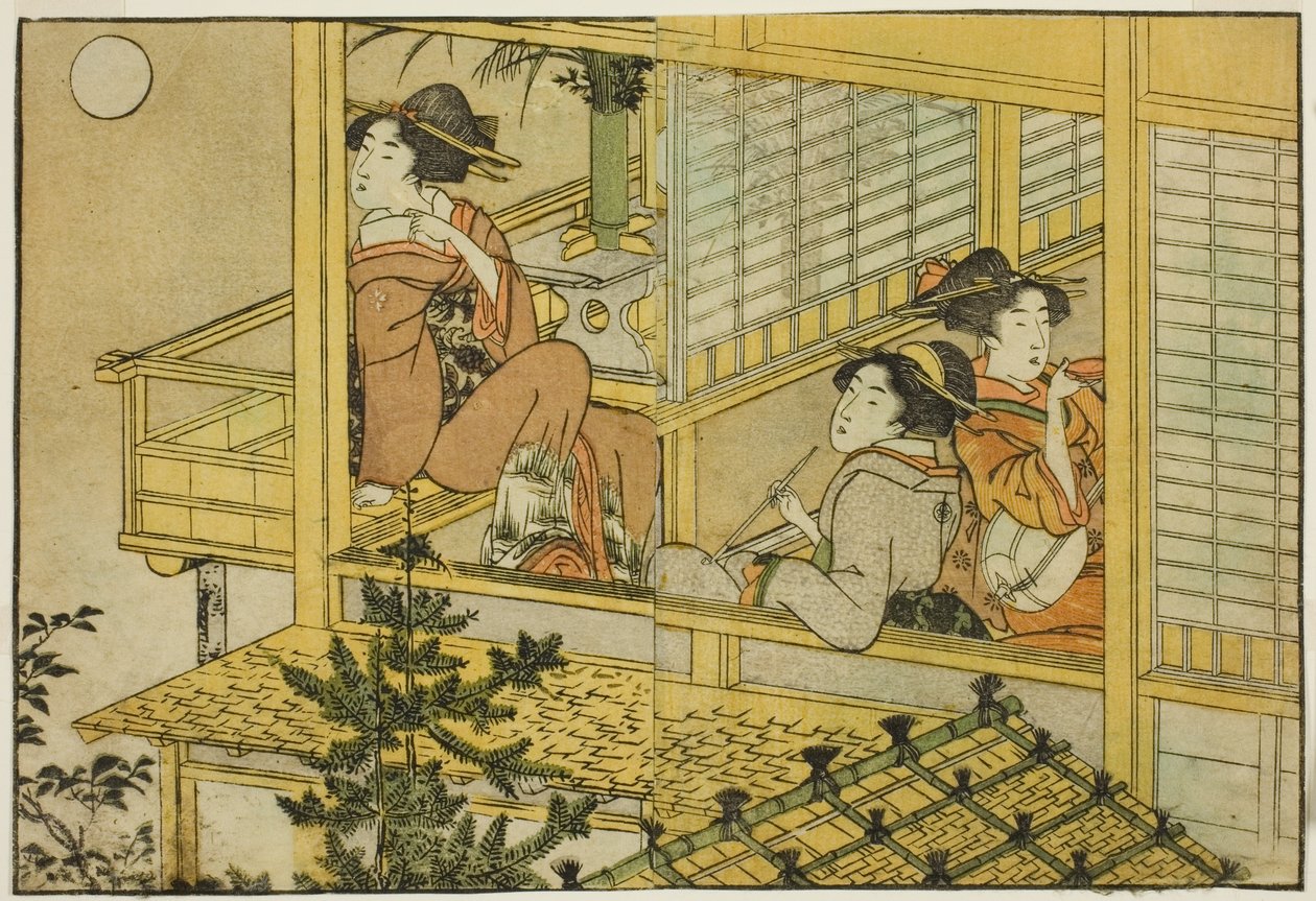 Festa della luna, dal libro illustrato "Libro illustrato: Fiori delle quattro stagioni (Ehon shiki no hana)," vol. 2 da Kitagawa Utamaro