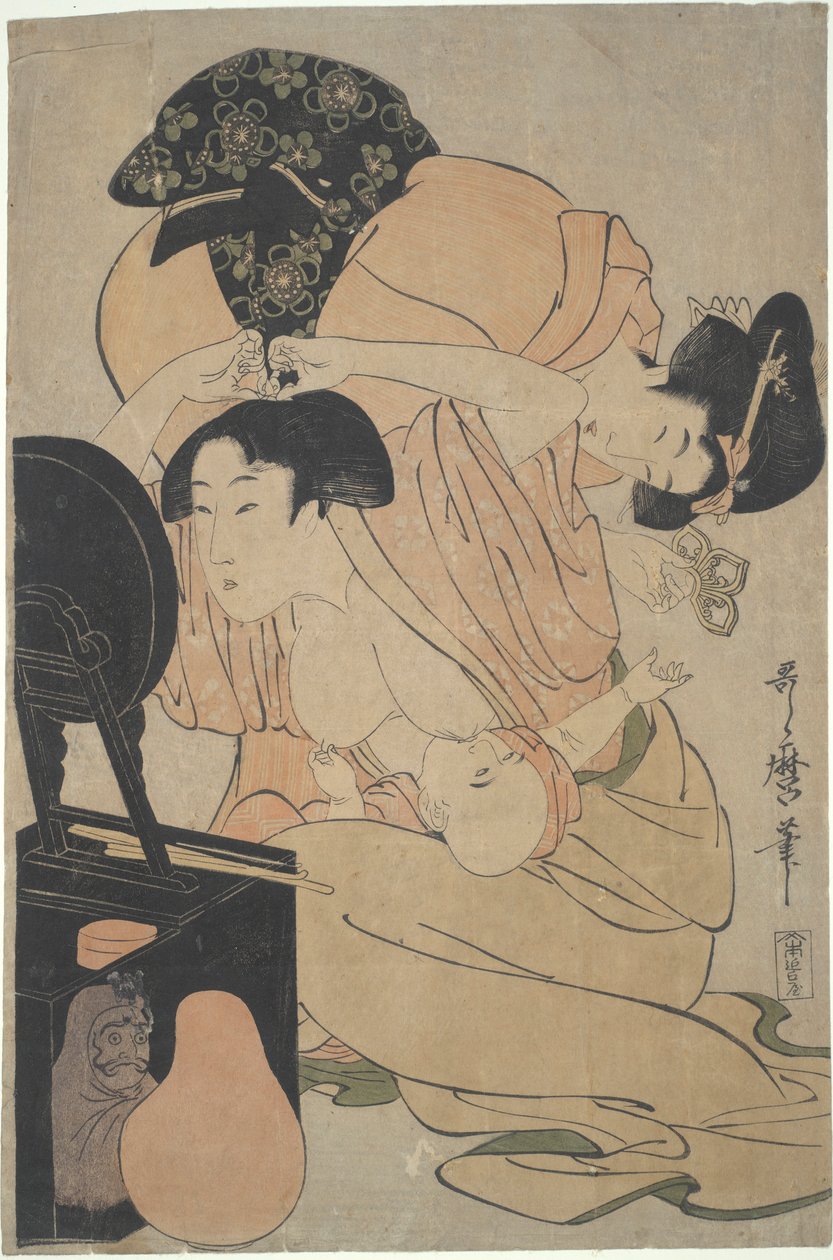 Madre con bambino che allatta e assistente da Kitagawa Utamaro