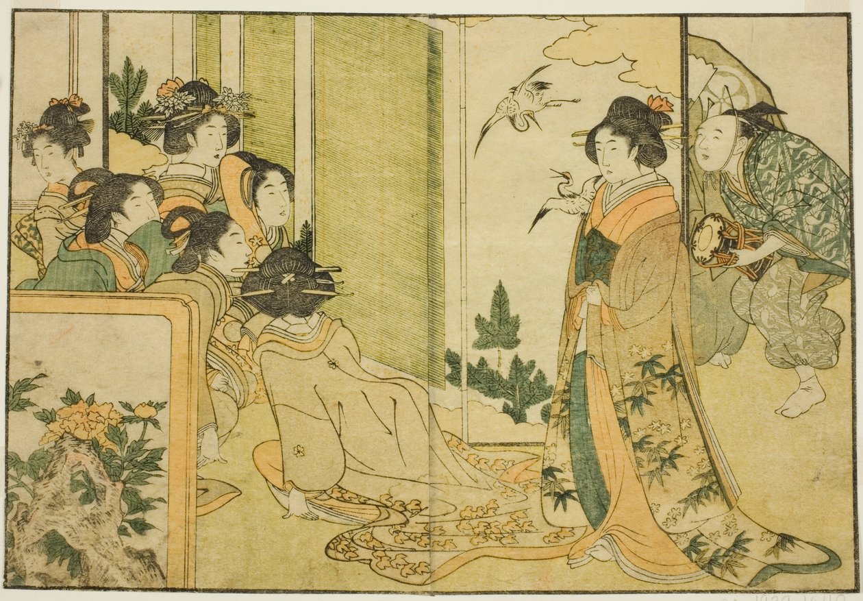 Spettacolo di Manzai di Capodanno nella dimora di un signore feudale, dal libro illustrato "Libro illustrato: Fiori delle quattro stagioni (Ehon shiki no hana)", vol. 1 da Kitagawa Utamaro