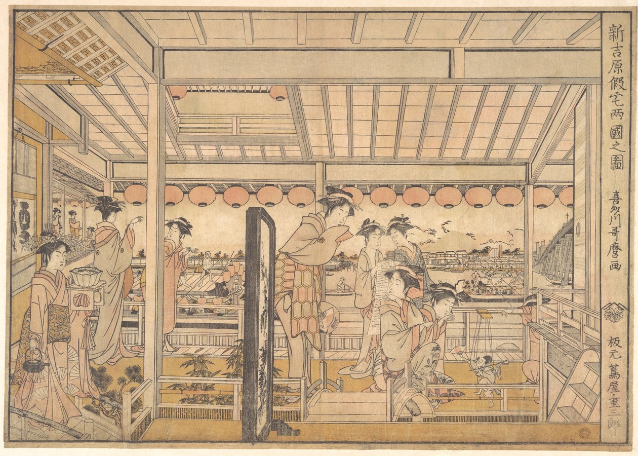 Immagine degli alloggi provvisori del nuovo quartiere dei piaceri di Yoshiwara a Ryōgoku  (Shin Yoshiwara Karitaku Ryogoku no zu) da Kitagawa Utamaro