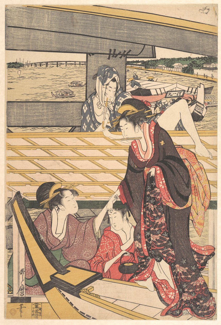 Comitive di piacere in barca sul fiume Sumida sotto il ponte Ryōgoku da Kitagawa Utamaro