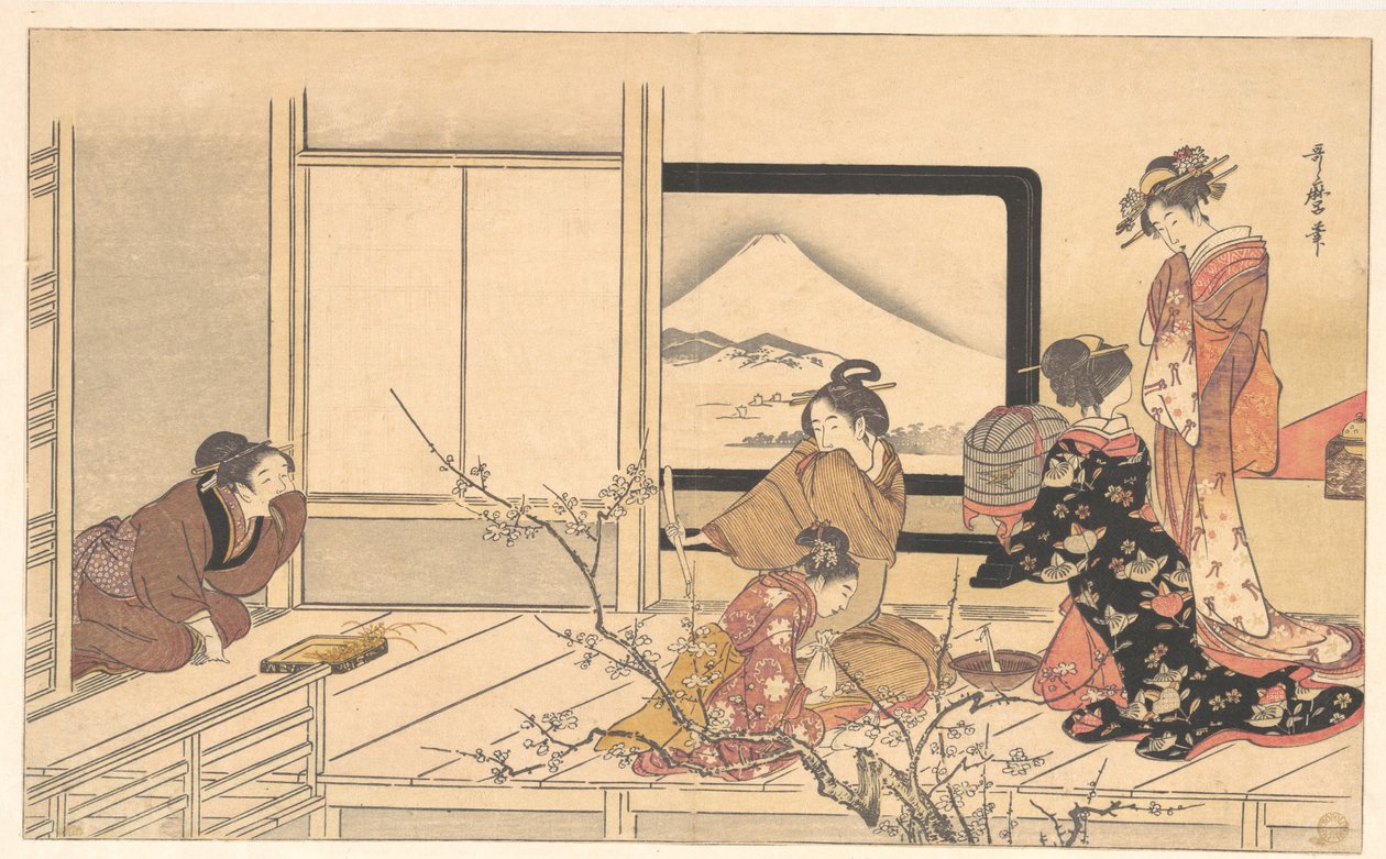 “Preparare il cibo per l’usignolo”, dall’album Men’s Stamping Dance (Otoko dōka, uguisu no esa suri) da Kitagawa Utamaro