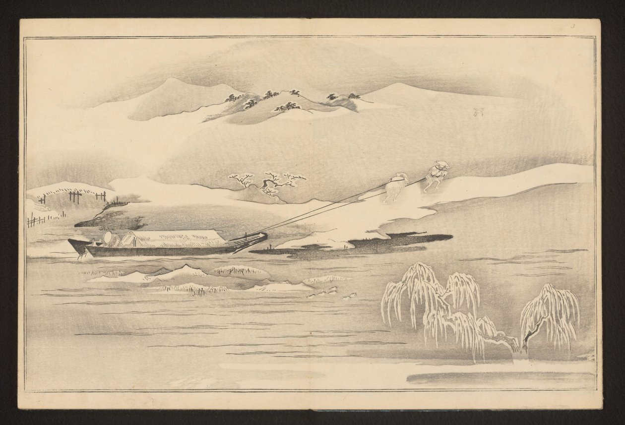 Trainando una barca lungo il fiume da Kitagawa Utamaro