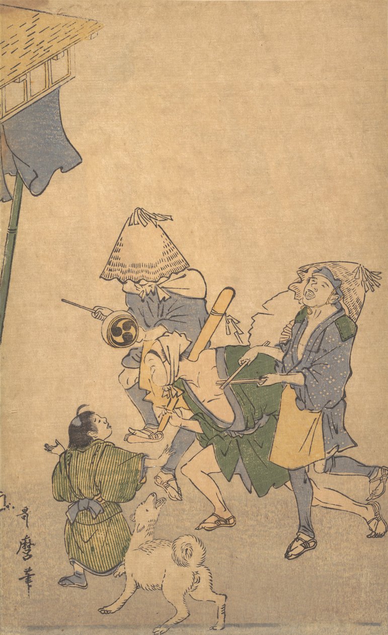 Tre festaioli delle classi inferiori, con cappelli Komuso da Kitagawa Utamaro