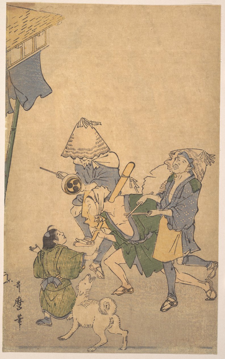 Tre festaioli delle classi inferiori, con cappelli komuso, un bambino e un cane da Kitagawa Utamaro