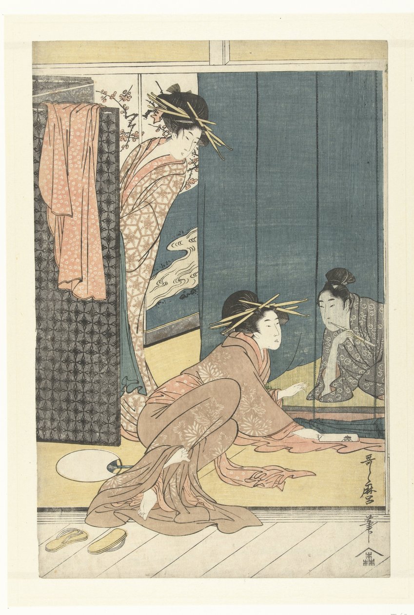 Due cortigiane e un giovane sotto una zanzariera da Kitagawa Utamaro