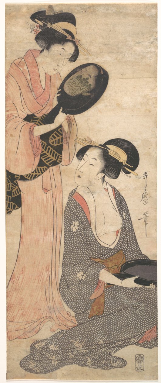 Due dame, ciascuna con una parte di uno specchio laccato da Kitagawa Utamaro
