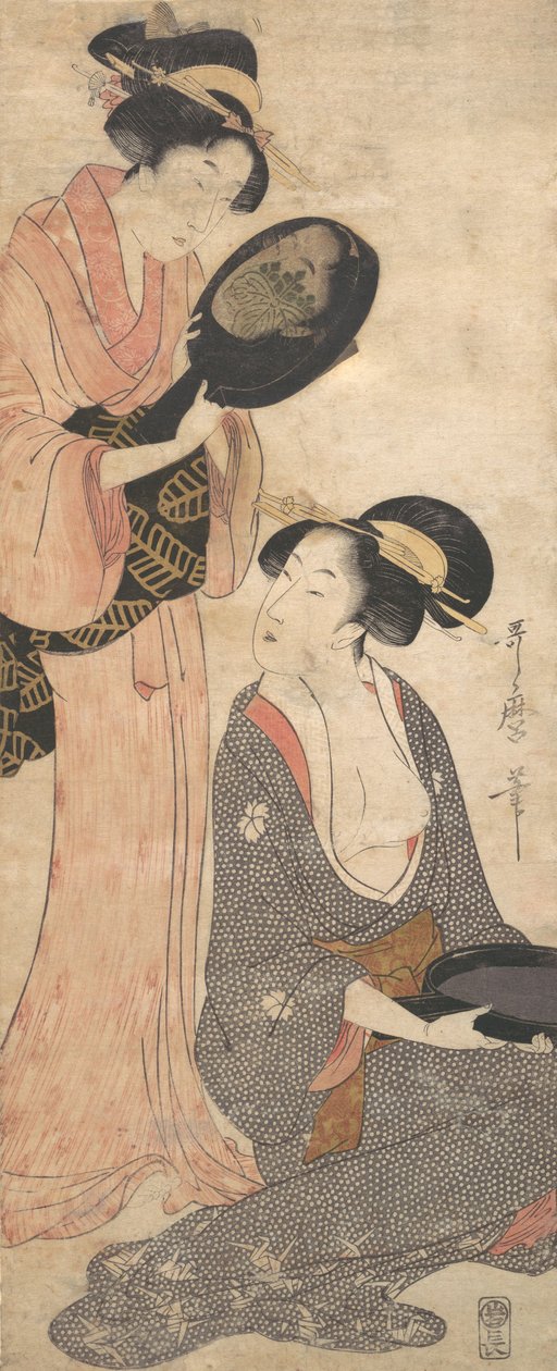 Due signore, ciascuna con una parte di uno specchio laccato, 1790s da Kitagawa Utamaro