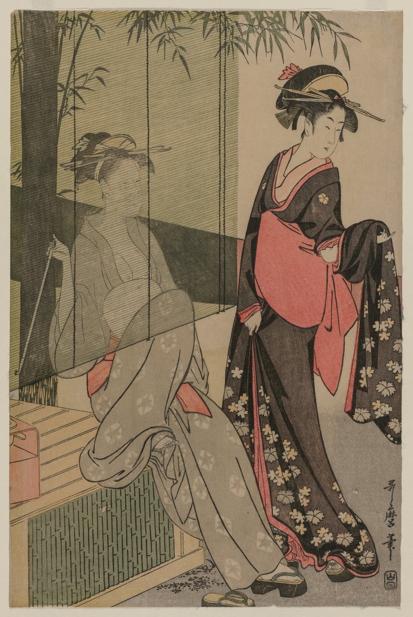 Due donne vicino a una tenda di bambù da Kitagawa Utamaro