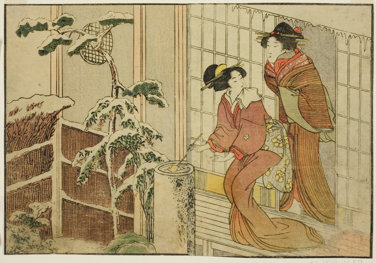 Due Donne sulla Veranda in una Mattina Nevosa, dal libro illustrato "Libro Illustrato: Fiori delle Quattro Stagioni (Ehon shiki no hana)," vol. 2 da Kitagawa Utamaro
