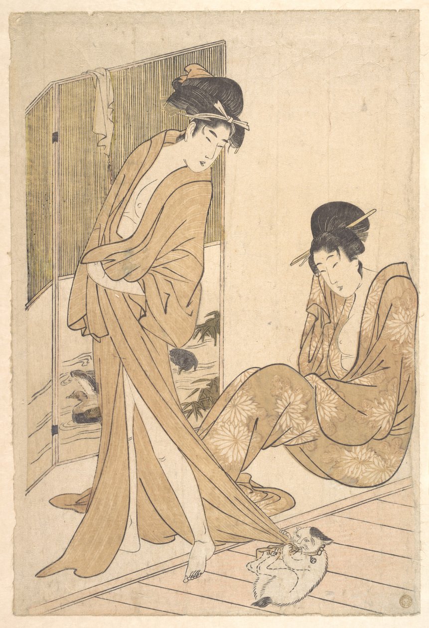 Due ragazze avvolte nello yukata dopo il bagno da Kitagawa Utamaro