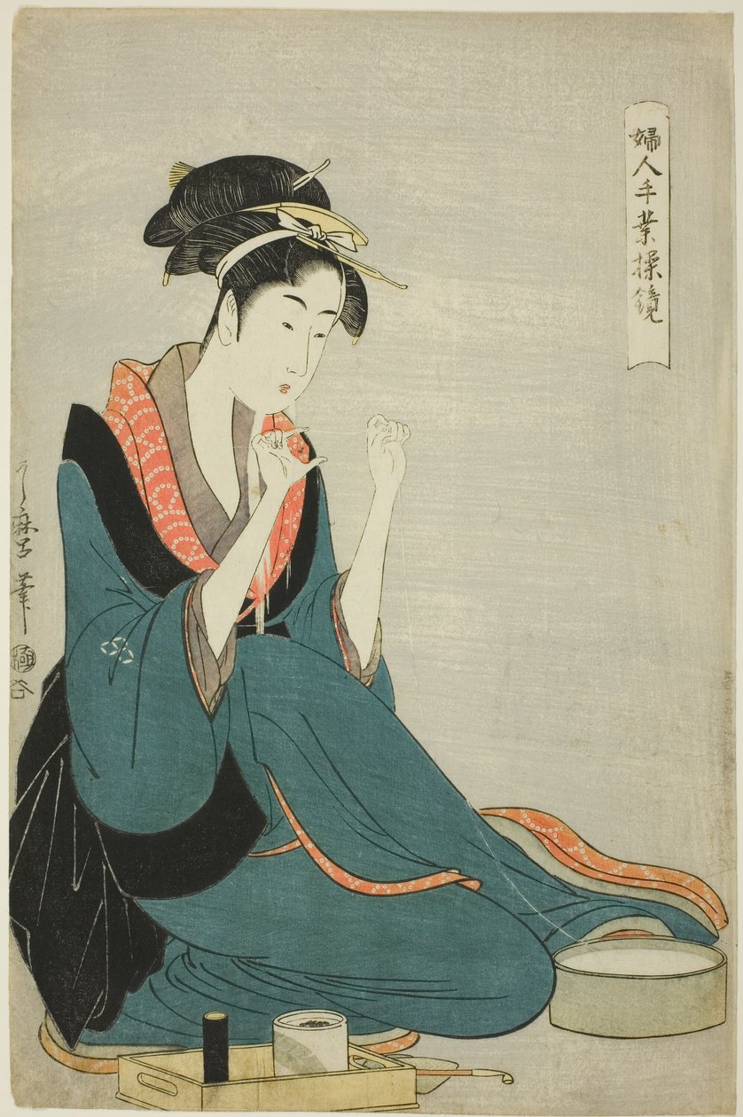 Legare il filo, dalla serie "Lavori manuali delle donne: Modelli di destrezza" ("Fujin tewaza ayatsuri kagami") da Kitagawa Utamaro