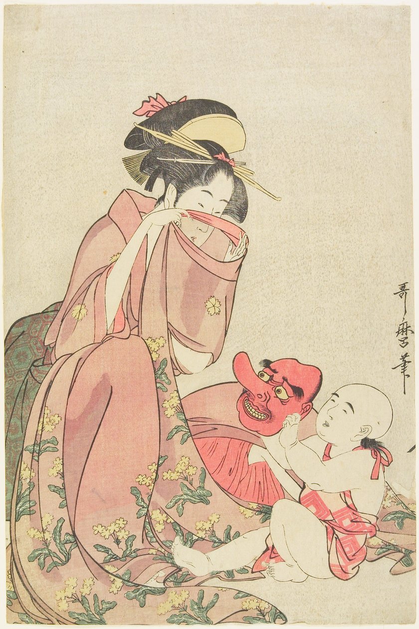 Donna che gioca con un bambino che indossa una maschera da tengu da Kitagawa Utamaro