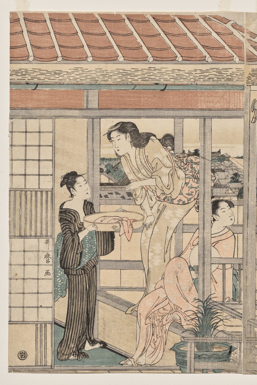 Donne che stendono il bucato su un balcone da Kitagawa Utamaro