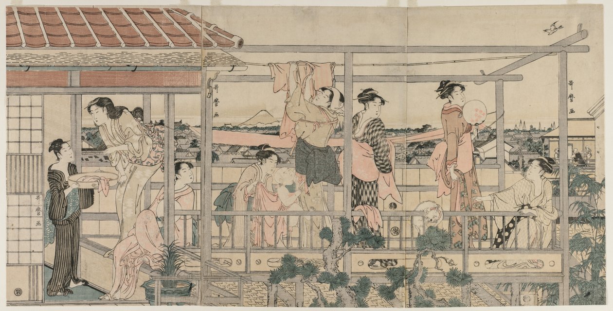 Donne che stendono il bucato su un balcone da Kitagawa Utamaro