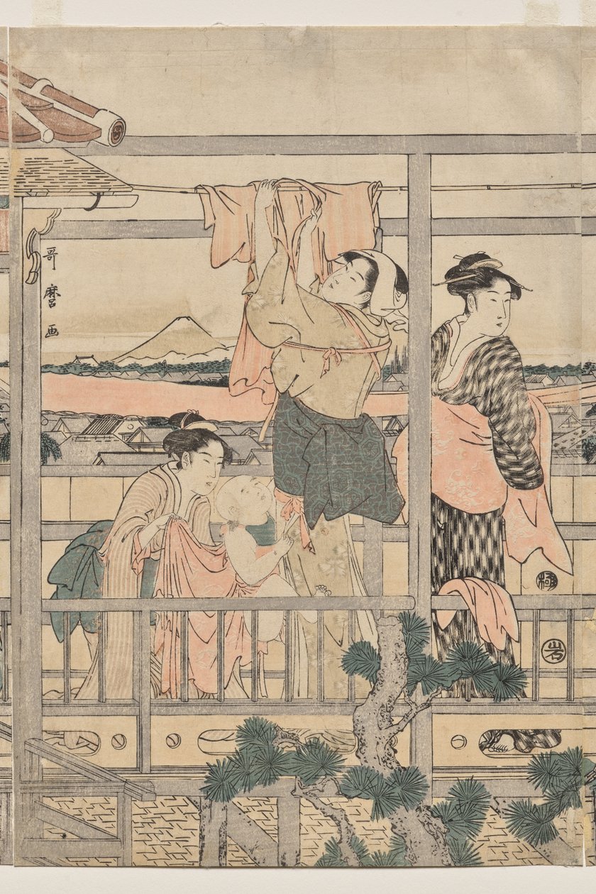 Donne che stendono il bucato su un balcone da Kitagawa Utamaro