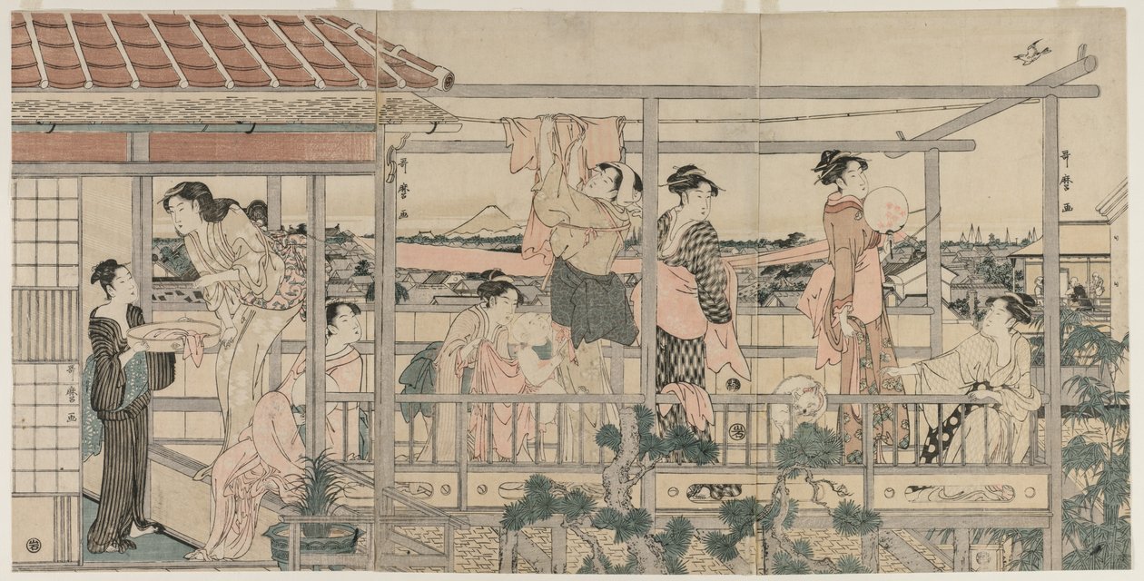 Donne che stendono il bucato su un balcone da Kitagawa Utamaro