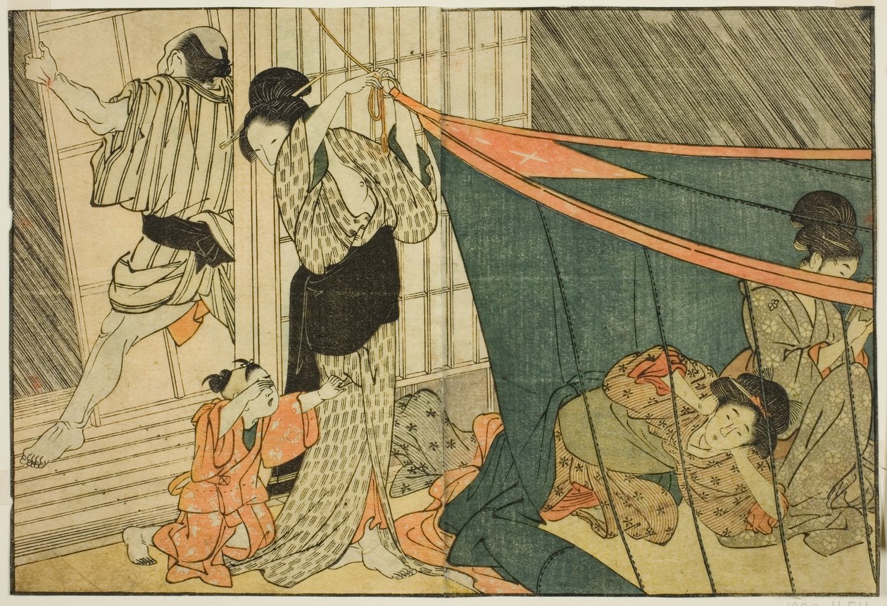Donne Sotto una Zanzariera Durante un Temporale, dal libro illustrato "Libro Illustrato: Fiori delle Quattro Stagioni (Ehon shiki no hana)," vol. 1 da Kitagawa Utamaro