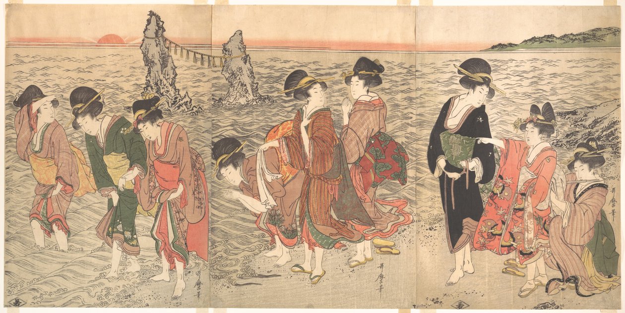 Donne che venerano il sole nascente tra le rocce gemelle a Ise da Kitagawa Utamaro