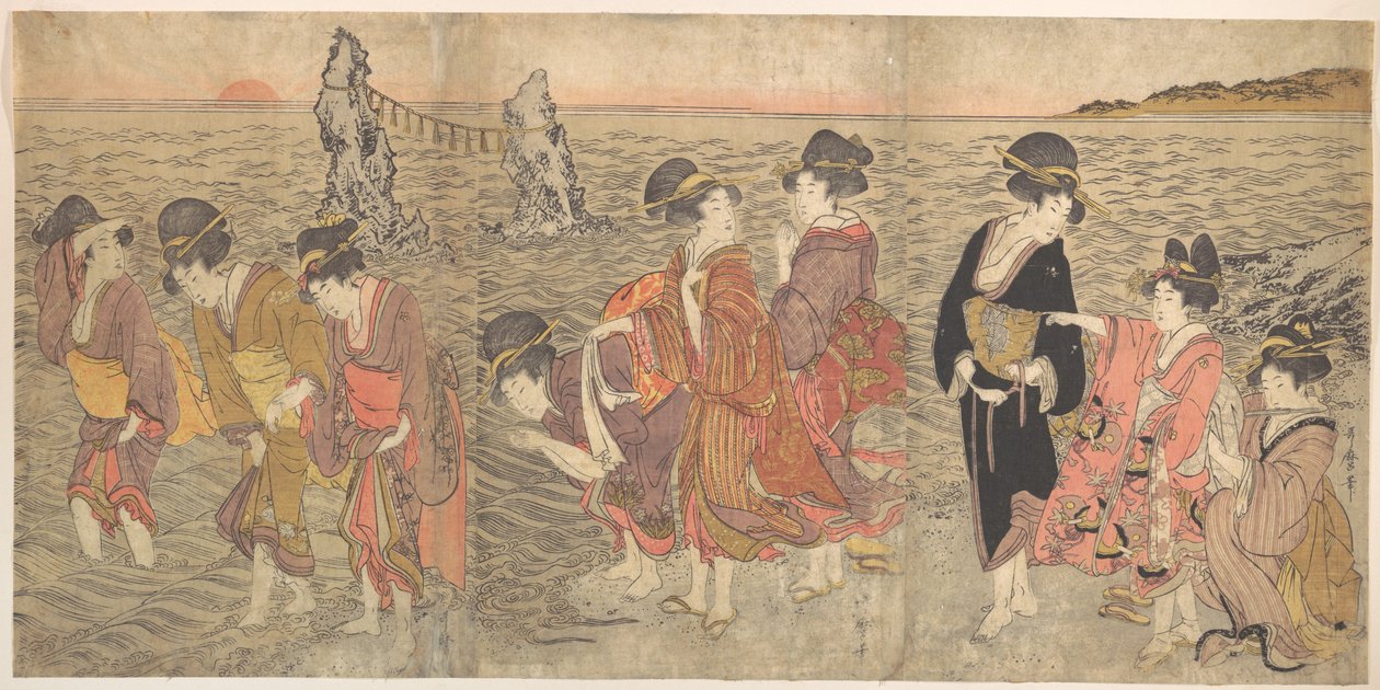 Donne che venerano il sole nascente tra le rocce gemelle a Ise da Kitagawa Utamaro