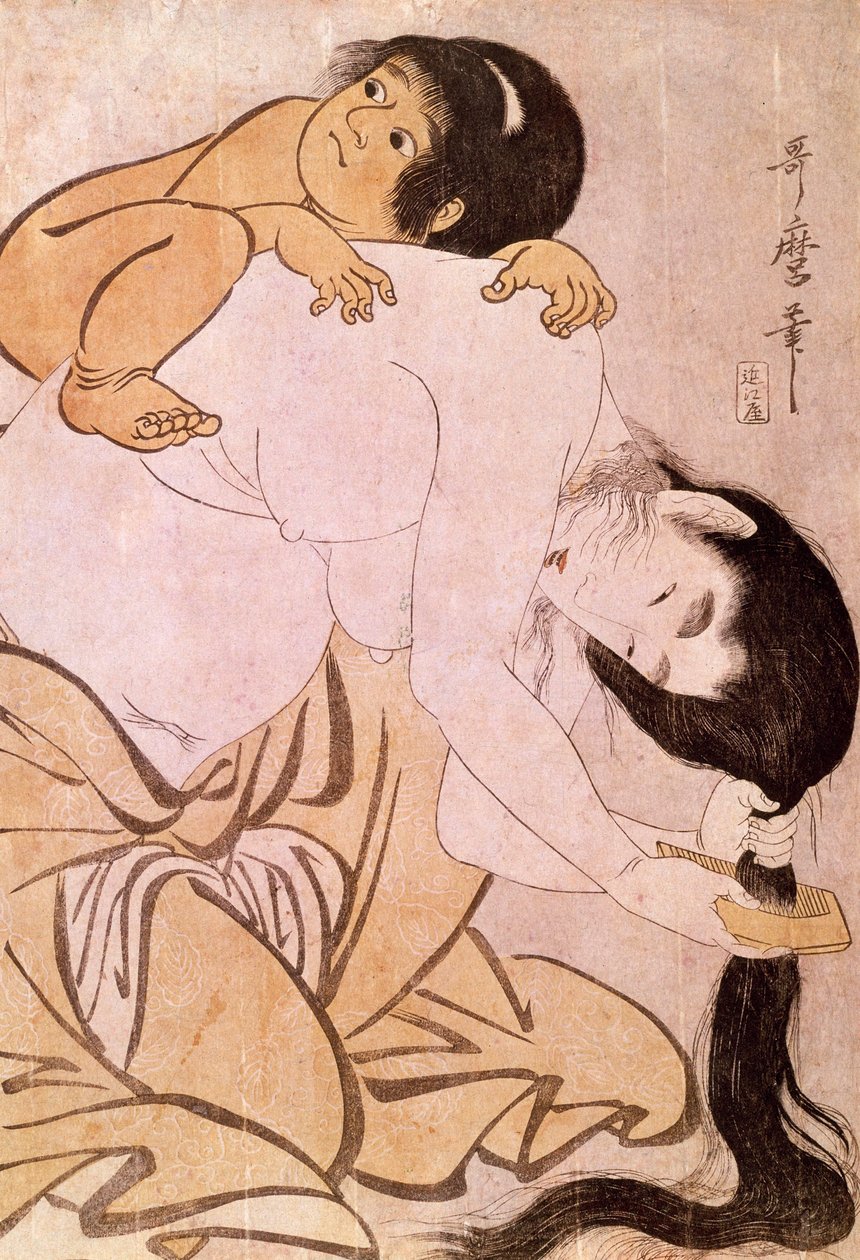 Yamauba e Kintoki. La madre si pettina i capelli mentre porta il bambino sulla schiena. Stampa giapponese di Utamaro Kitagawa (1753-1806). XVIII secolo. Parigi, Museo Guimet, Museo delle Arti Asiatiche da Kitagawa Utamaro