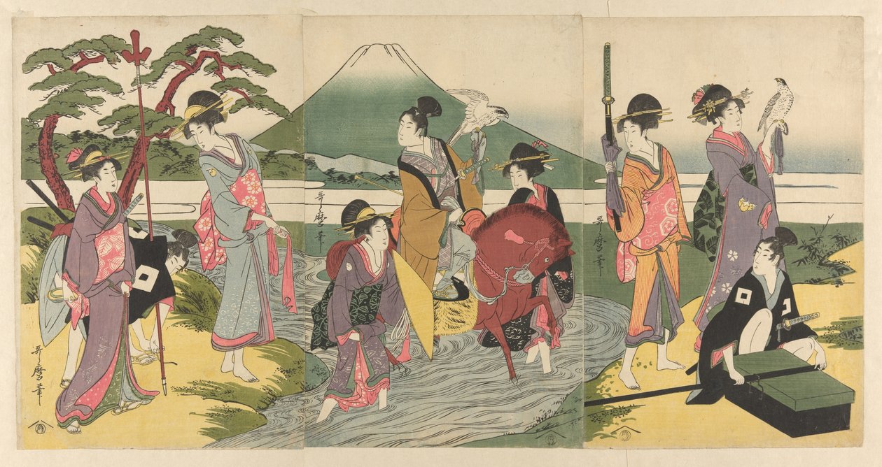 Un giovane e il suo gruppo attraversano un torrente prima del Monte Fuji da Kitagawa Utamaro