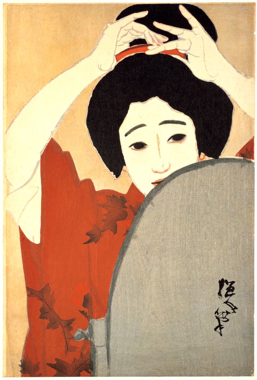 Donna che si aggiusta i capelli davanti allo specchio, 1930 da Kitano Tsunetoni
