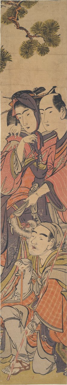 Oshun e Dembei che giocano con la scimmia su Yojirō da Kitao Masanobu