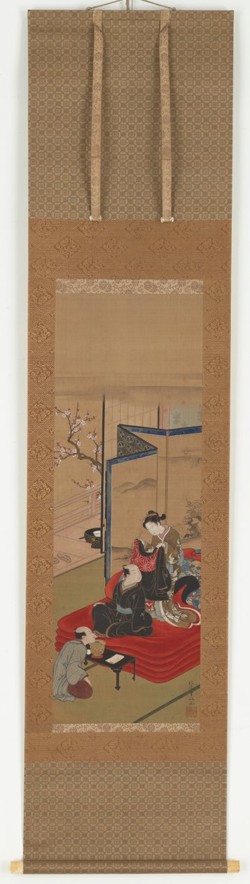 Una cortigiana aiuta un uomo a vestirsi, periodo Edo da Kitao Shigemasa