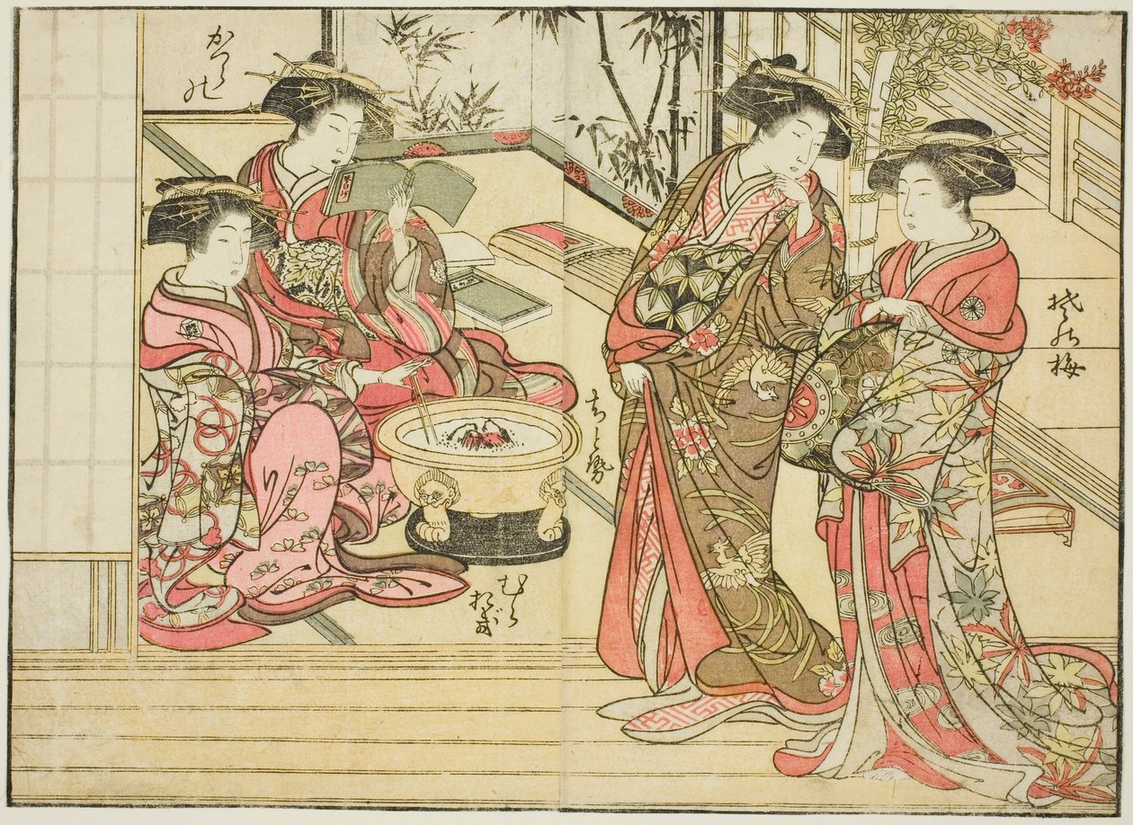 Cortigiane di Otawaraya, dal libro "Specchio delle belle donne dei quartieri del piacere (Seiro bijin awase sugata kagami)," vol. 2 da Kitao Shigemasa