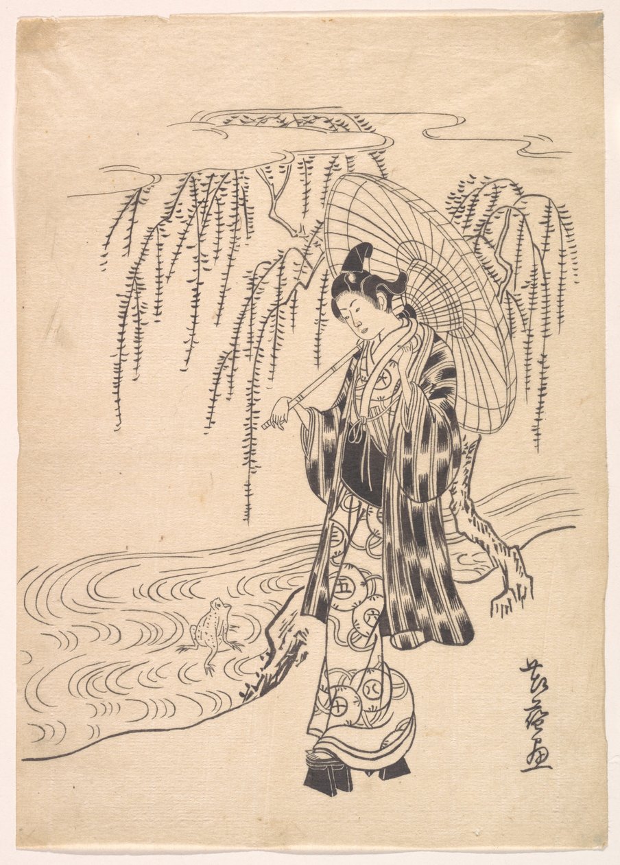 Ono no Dofu da giovane osserva una rana saltare verso un ramo di salice da Kitao Shigemasa