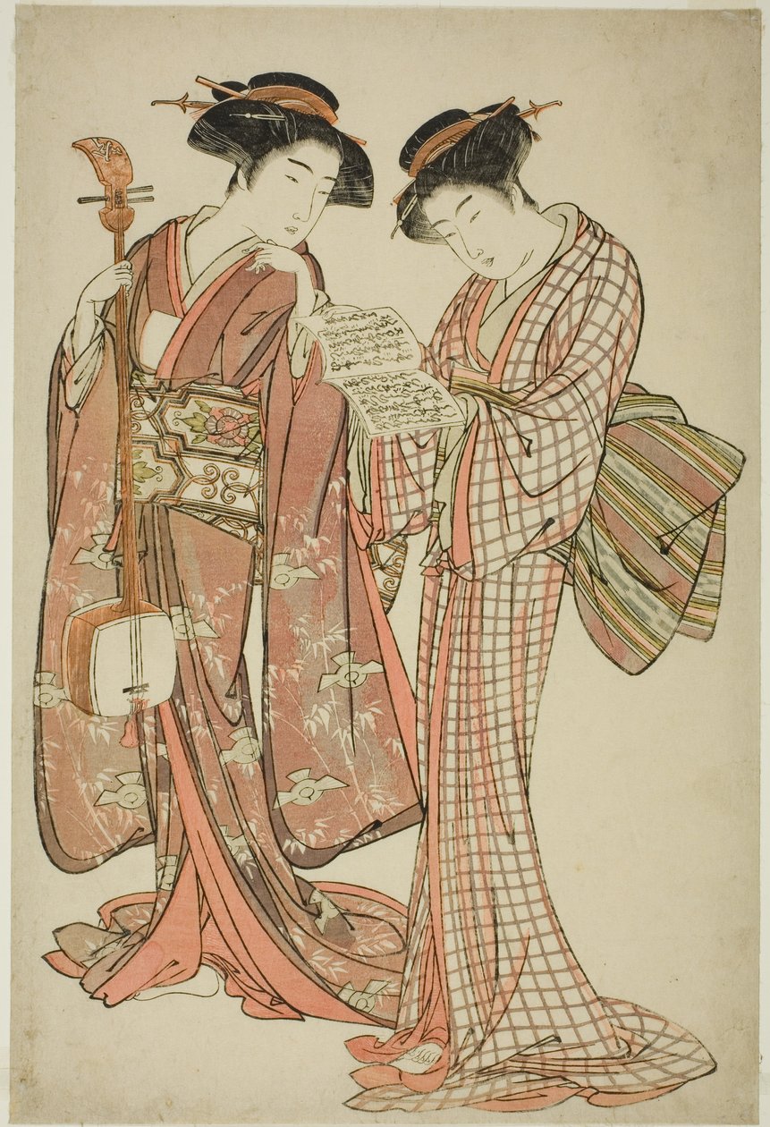 Due geisha che tengono uno shamisen e un libro di canzoni da Kitao Shigemasa