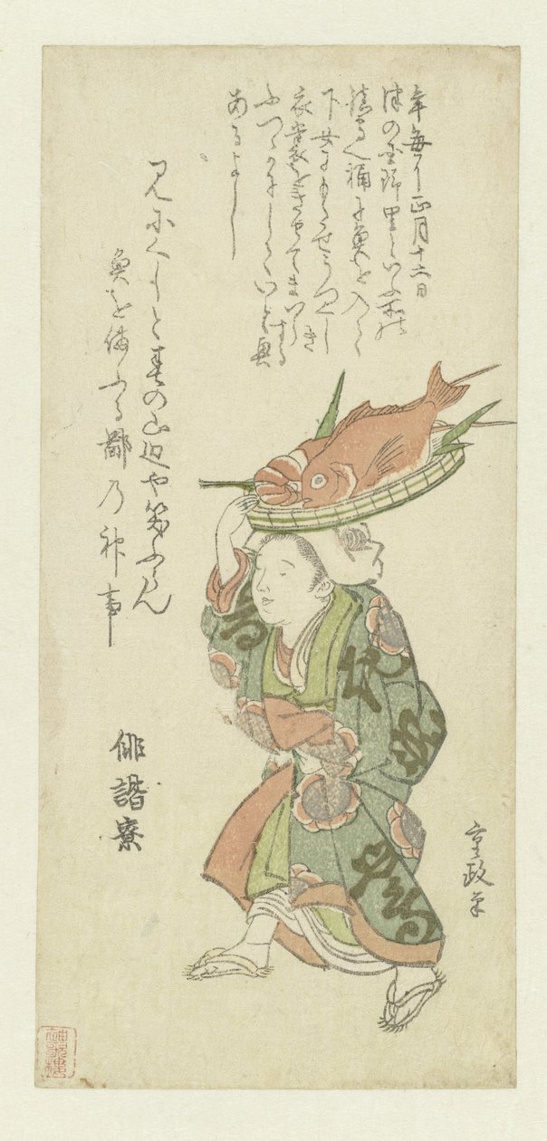 Donna che porta un vassoio di pesce sulla testa da Kitao Shigemasa