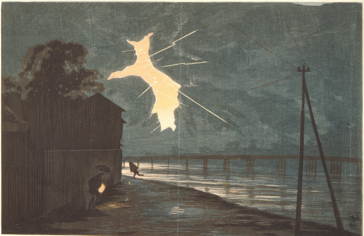 Tuono e fulmine sul ponte Onmaya da Kiyochika Kobayashi