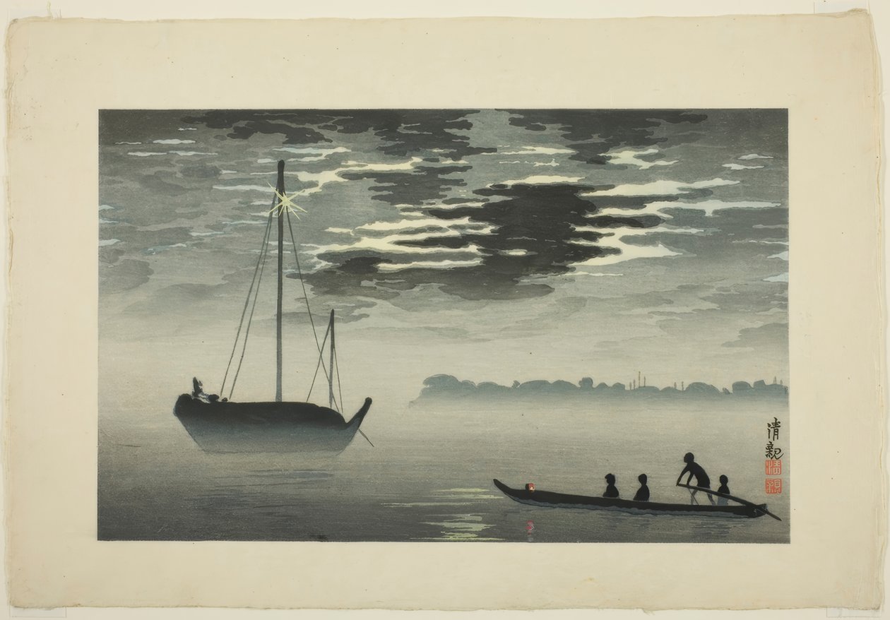 Chiaro di luna tra le nuvole sulla costa di Haneda da Kiyochika Kobayashi