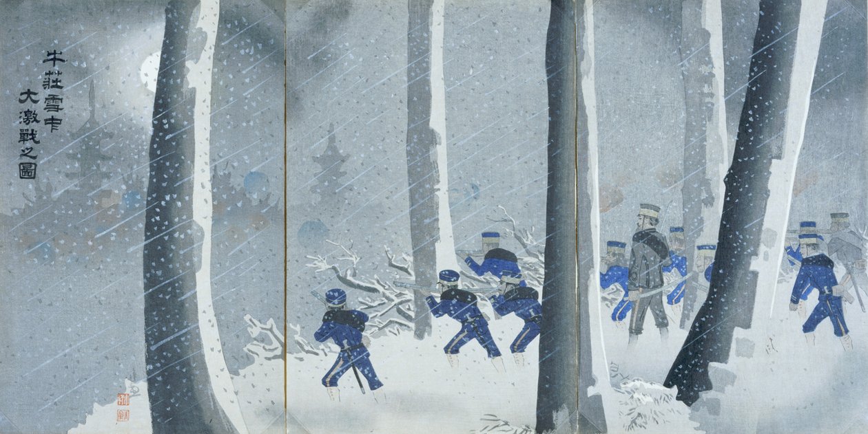 Violenta battaglia nella neve presso Niuzhuang, periodo Meiji da Kiyochika Kobayashi