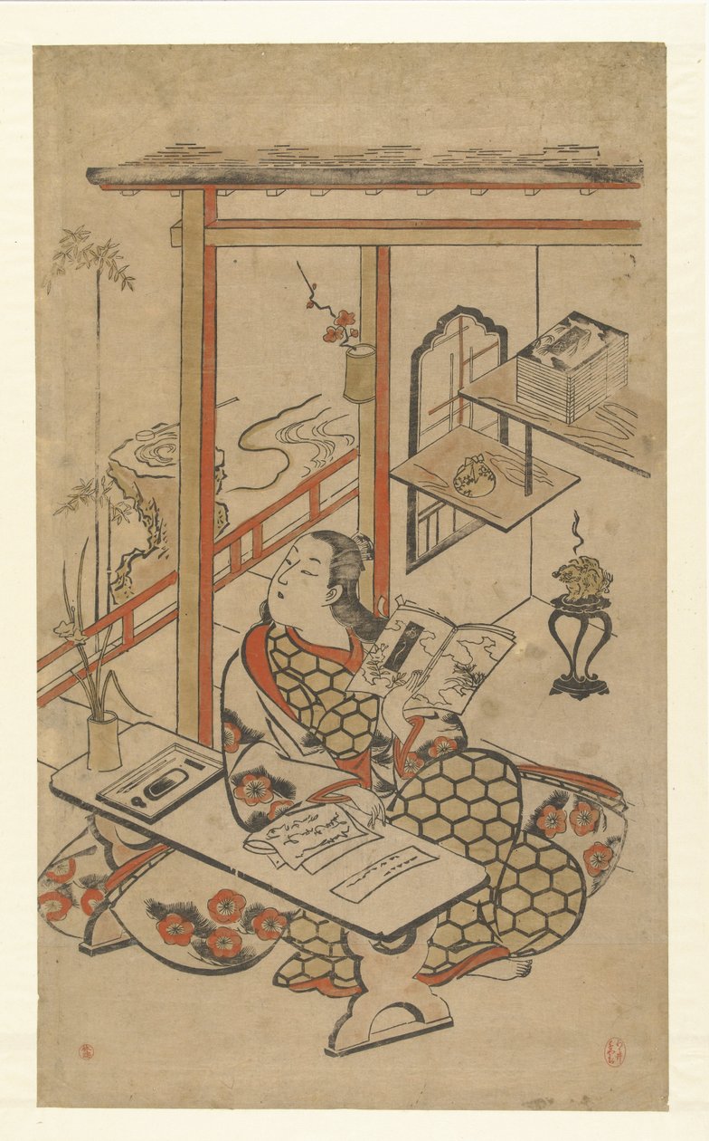 Donna al tavolo, leggendo il Racconto di Genji da Kiyomasu (I) , Torii (attributed to)