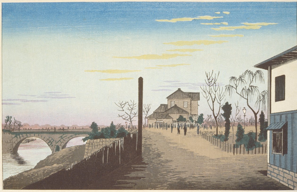 Il sole che sorge dal ponte Yorozubashi da Kobayashi Kiyochika