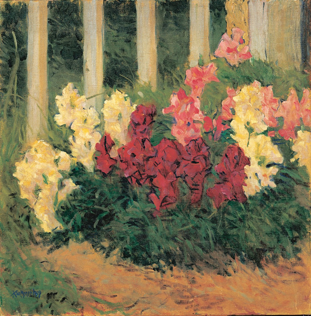 Blumenstrauch vor Gartenzaun - Fiori davanti alla recinzione di un giardino ... (olio su tela) da Koloman Moser