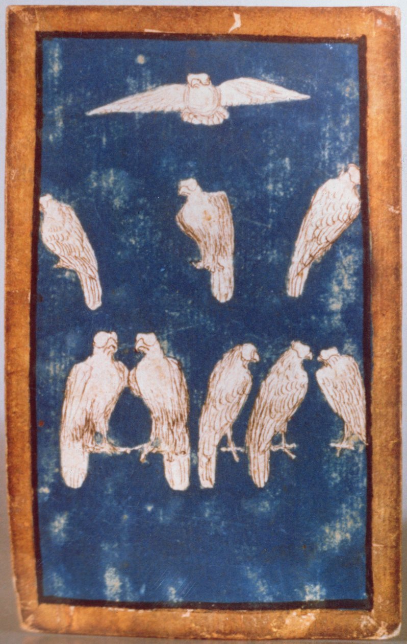 Uccelli rapaci in volo e su posatoi, uno di un set di carte da gioco raffiguranti scene di falconeria cortese, Area dell