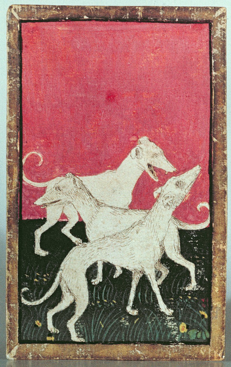 Tre cani da caccia, uno di un set di carte da gioco che raffigurano scene di caccia cortese, Alto Reno, c.1440-45 da Konrad Witz